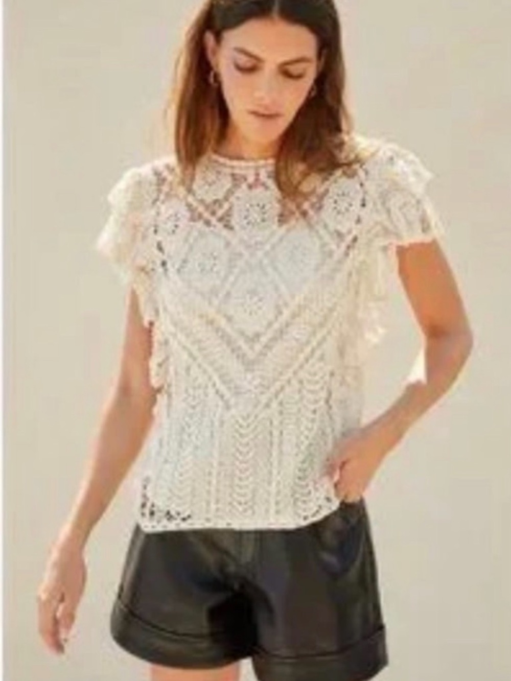 Anthropologie Tassell Ruffled Crochet Lace Flutter Sleeve Top